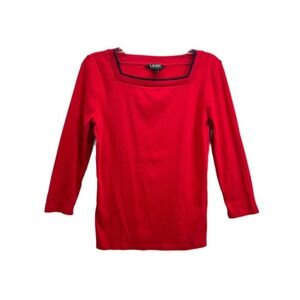 Lauren Ralph Lauren Top Women Size Large Red Square Neck Black Trim 3/4 Sleeves